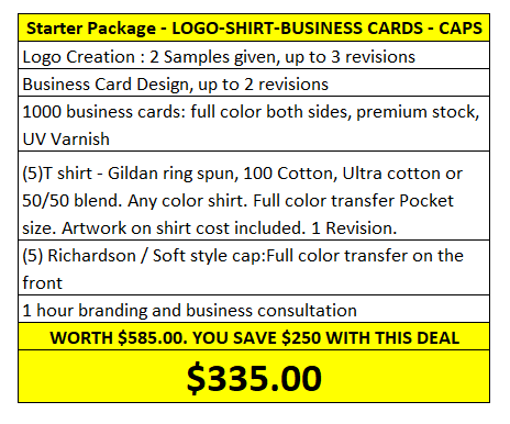 Starter Package Logo Shirt Business Cards Caps Professional Quality Quick Turn Around Great Customer Service