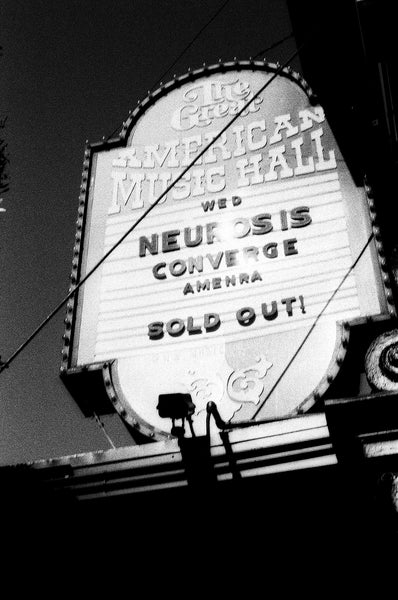 Black and white photo of The Great American Music Hall's marquis by Benedetto Manzella