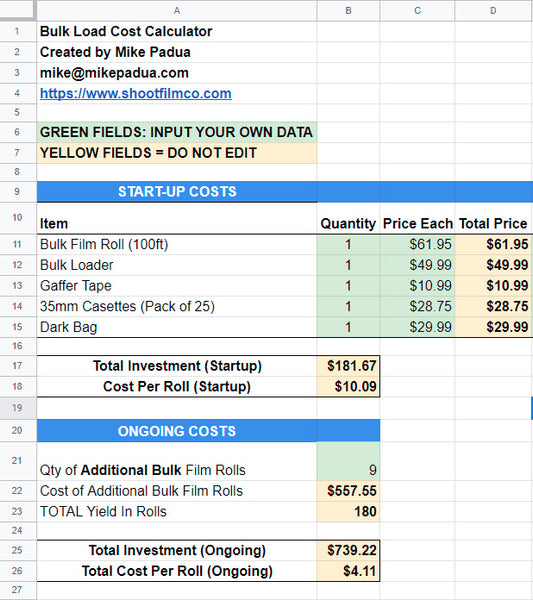 shootfilmco film bulk load cost calculator