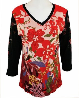 Cactus Fashion Rhinestones, Red & Black V-Neck Top - Tropical Flower ...