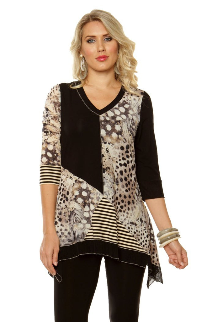 Lior Paris - Animal Stripes, Patchwork Pattern Tunic Top with V-Neck ...