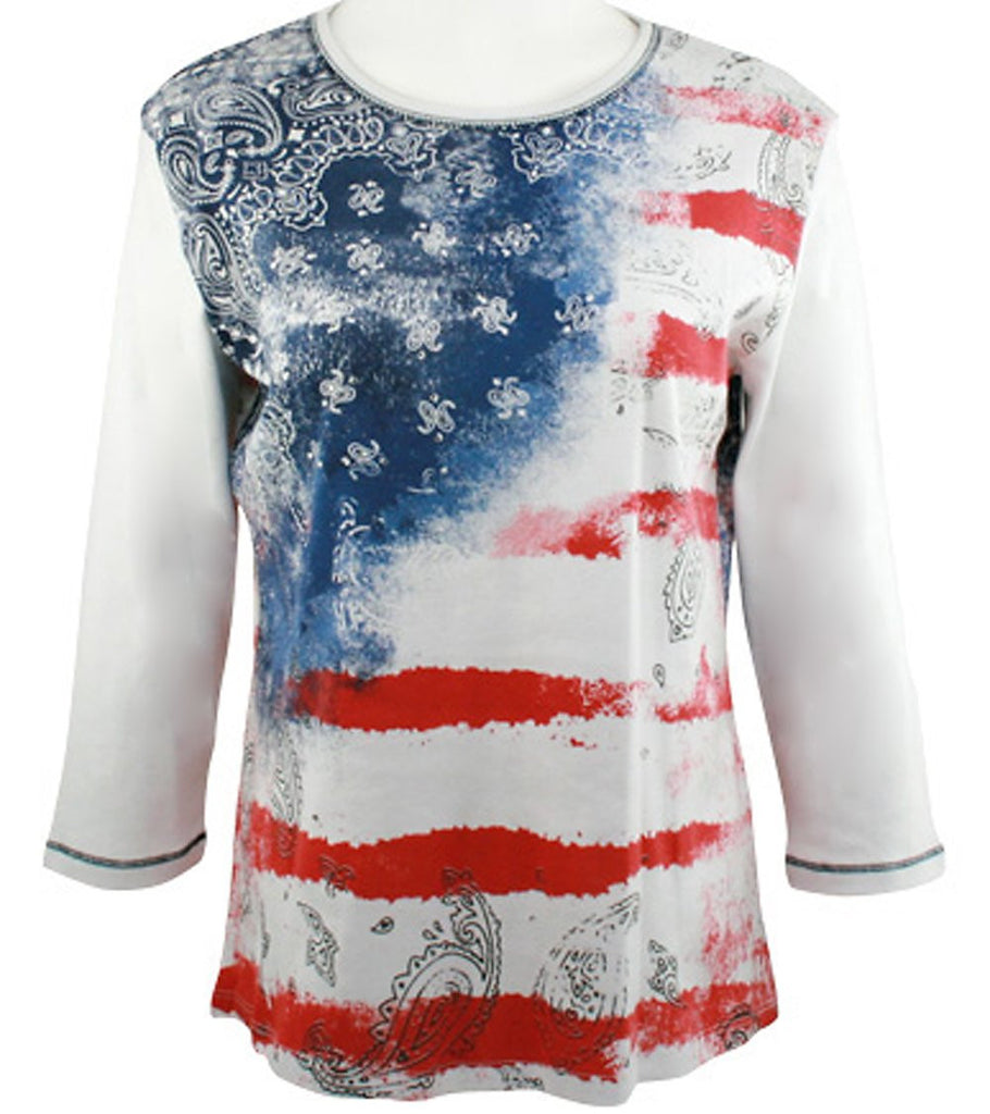 Jess & Jane - Vintage Flag, Cotton Top 3/4 Sleeve Scoop Neck Rhinestone ...