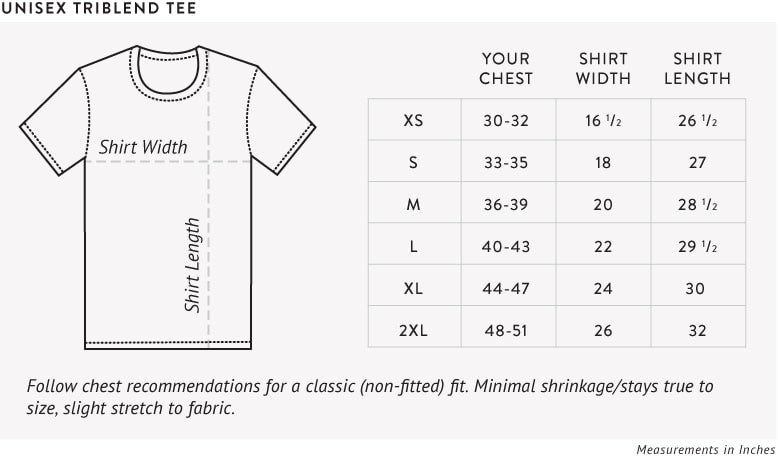 Unisex Triblend Tee Size Chart