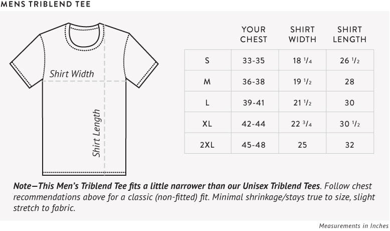 Mens Triblend Tee Size Chart