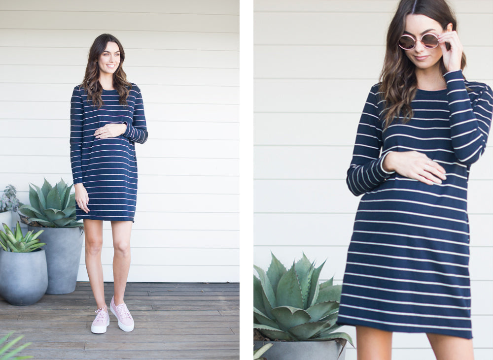 Navy Stripe Maternity Dress / Bae Walk The Line LS Dress