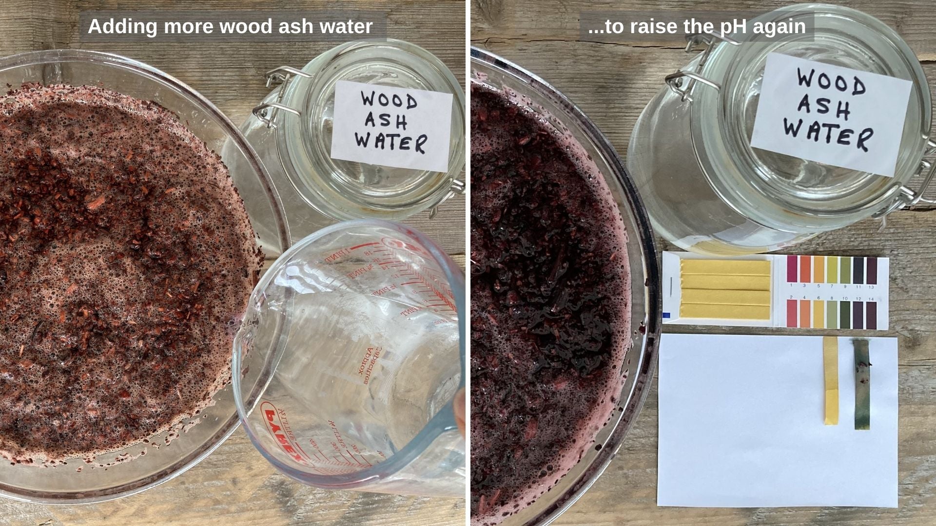 Adding more wood ash water to raise the pH again