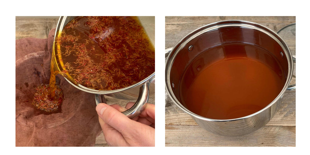 Straining safflower dye bath