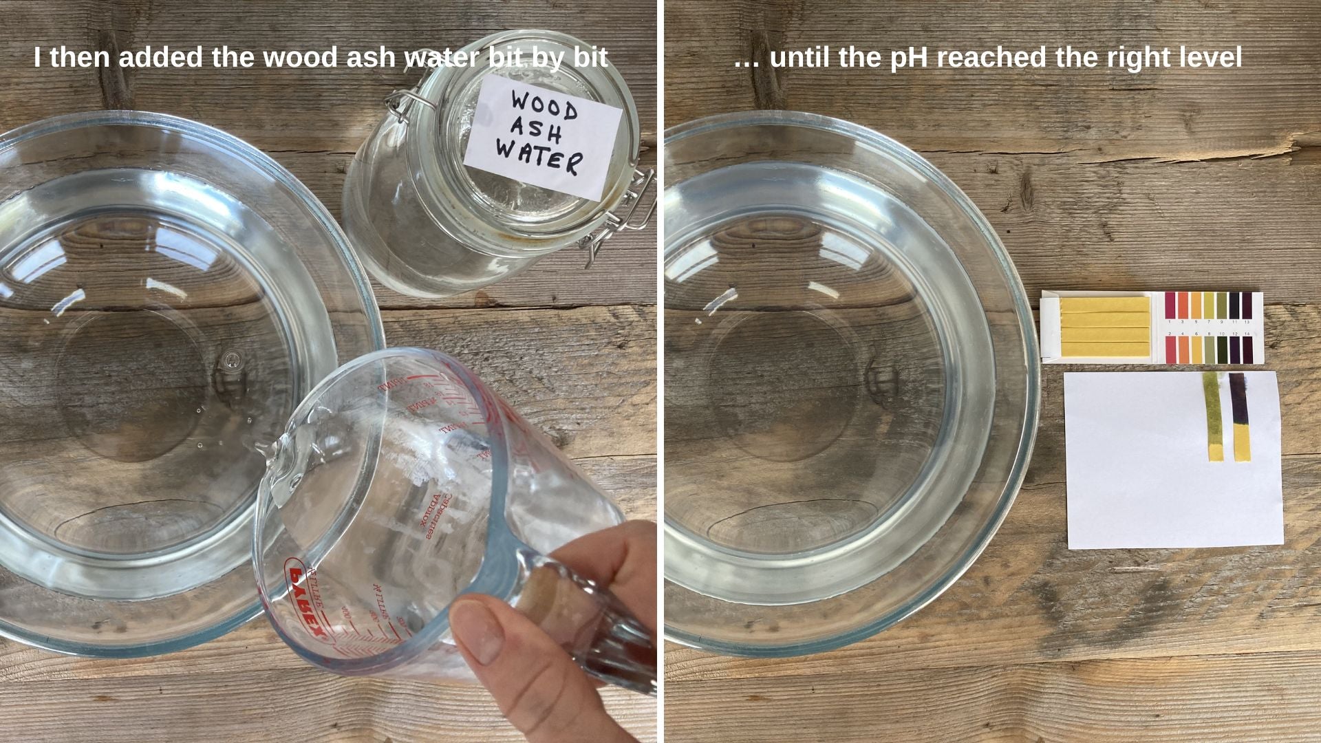 Adding wood ash water & pH test