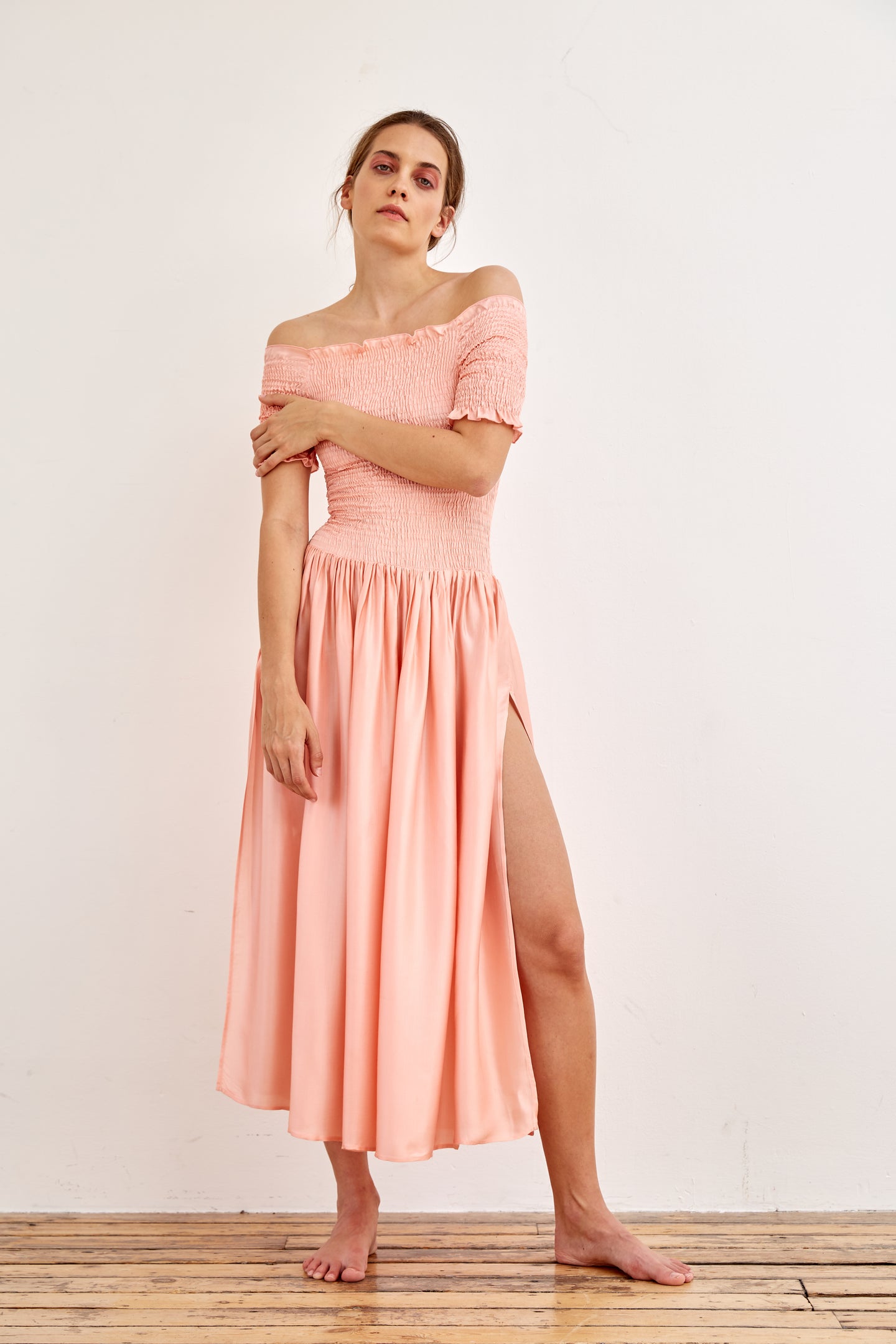 Sabine Off-the-Shoulder Smocked Dress Pink – Hesper Fox