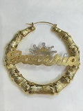 Personalized 14k Gold Overlay GP Any Name Hoop Bamboo Crown Earrings 3 inch