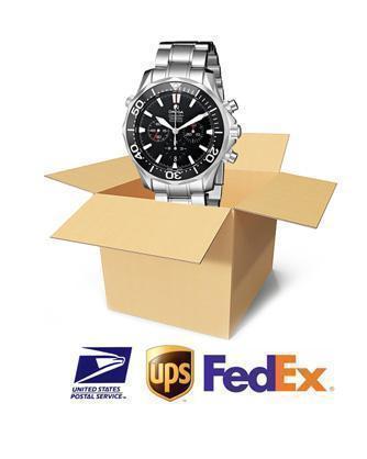 Silver Watch Being Put In Brown Carton Above Shipping Logos After Watch Repair Service