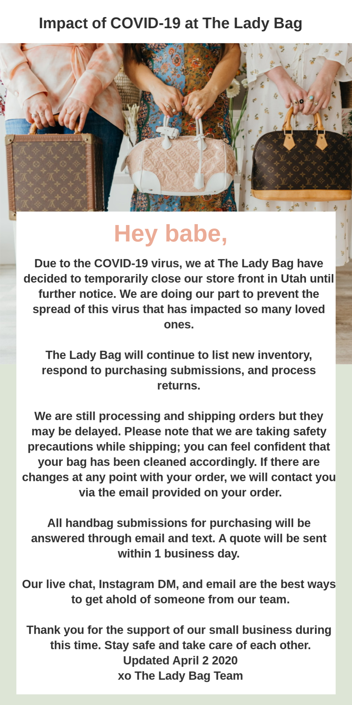 COVID-19 Shipping Updates – The Lady Bag