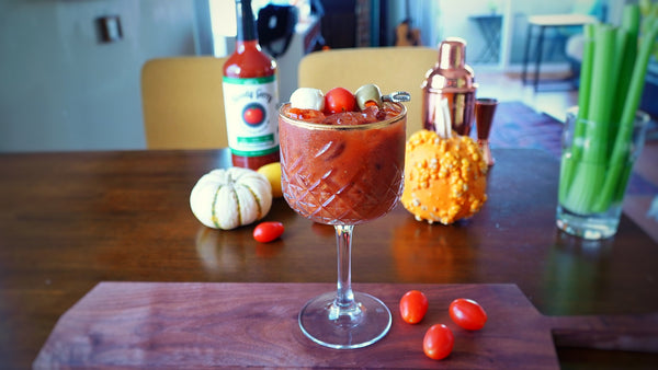 High Brow Bloody Mary in Gold Rim Coupe Glass Classic Bloody Mary