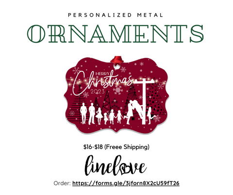 red personalized metal Christmas ornament with a lineman and family silhouette
