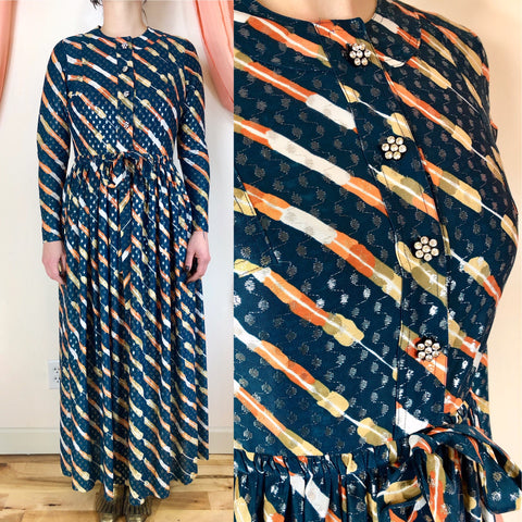 Rare 1970s couture maxi dress by Jean Varon aka John Bates with metallic threads and daisy rhinestone buttons