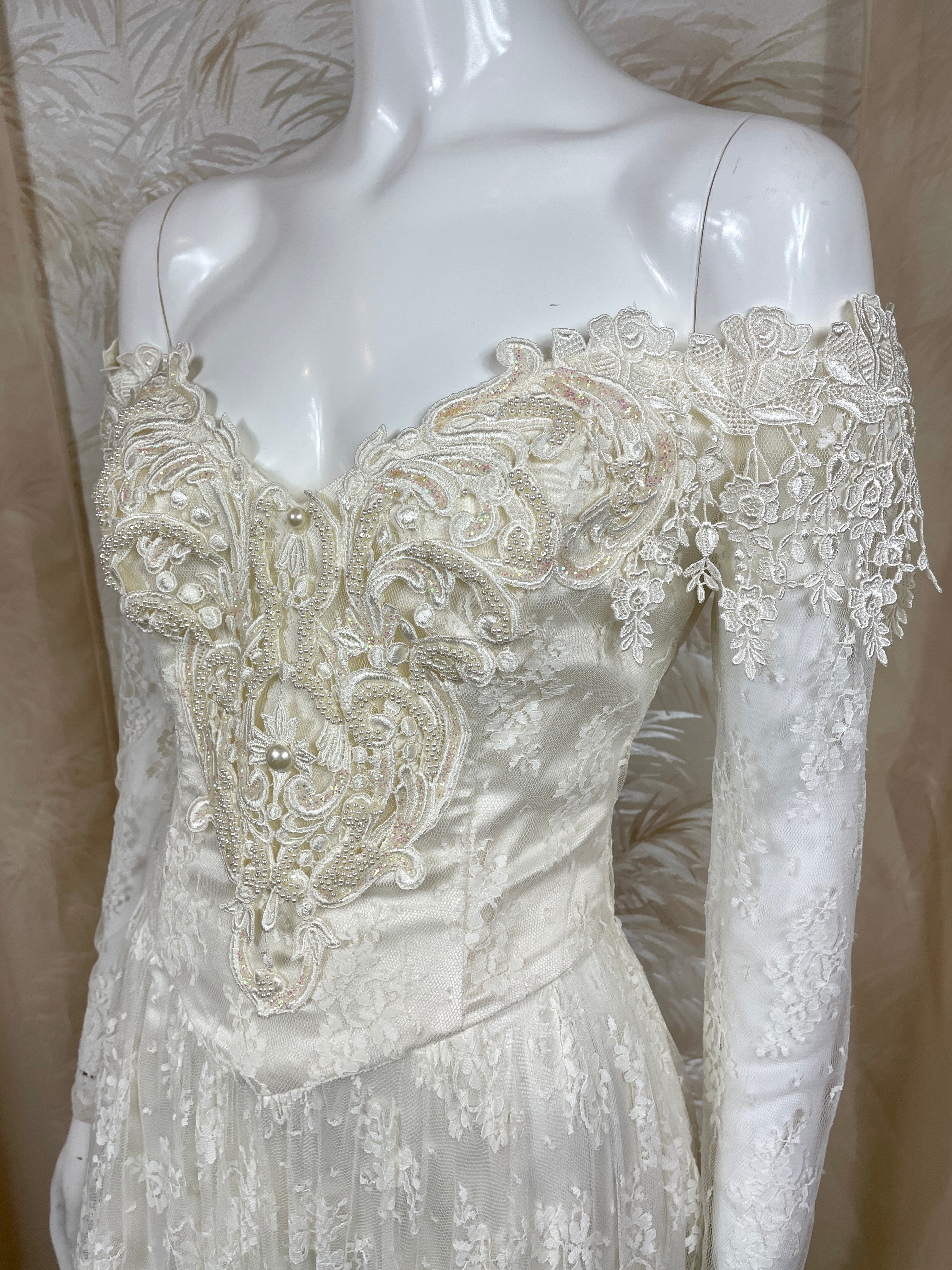 1980's JM Handkerchief Lace off the Shoulder Dress