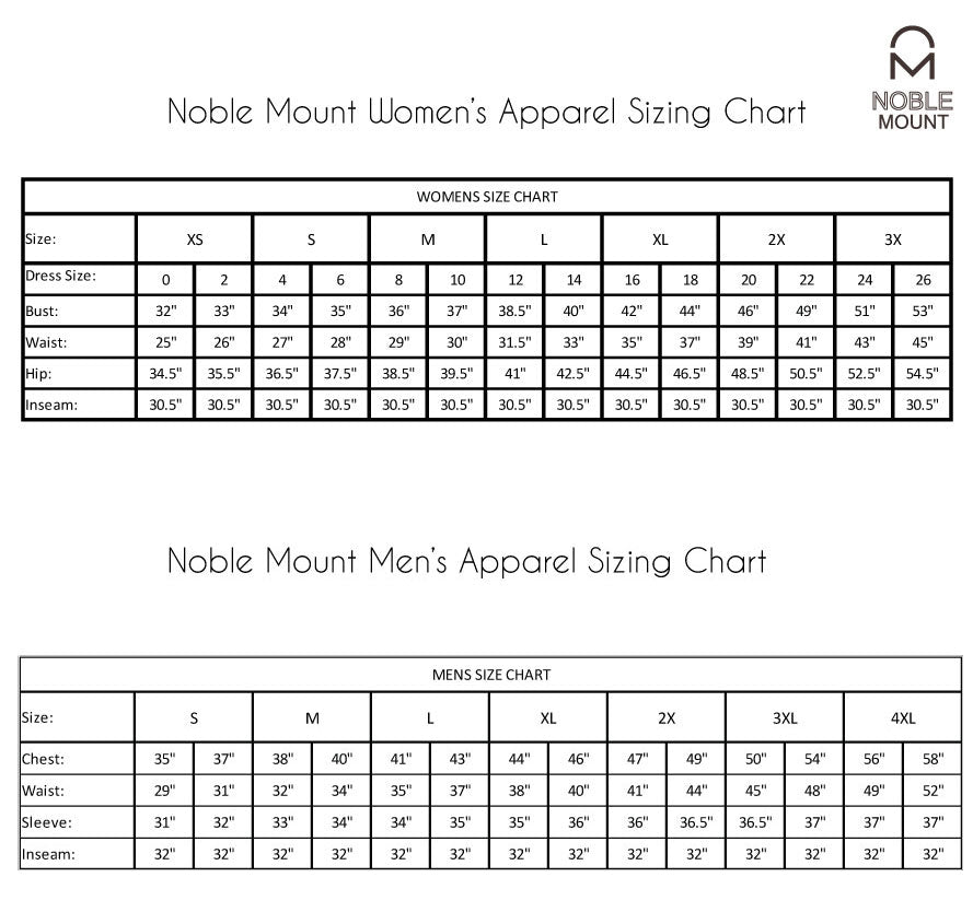 Noble Mount Apparel Size Chart