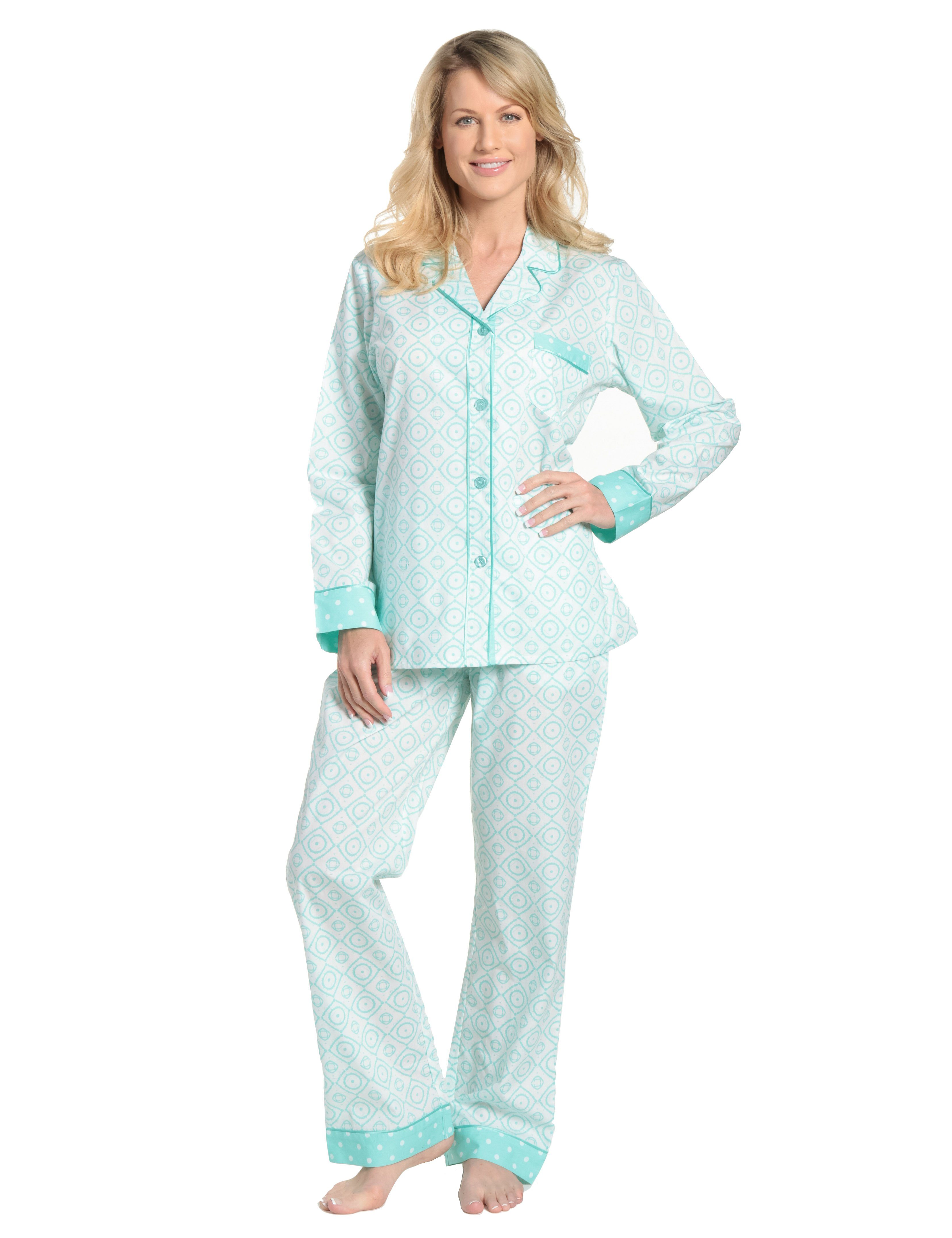 Womens Premium 100% Cotton Poplin Pajama Set with Contrast Cuffs ...