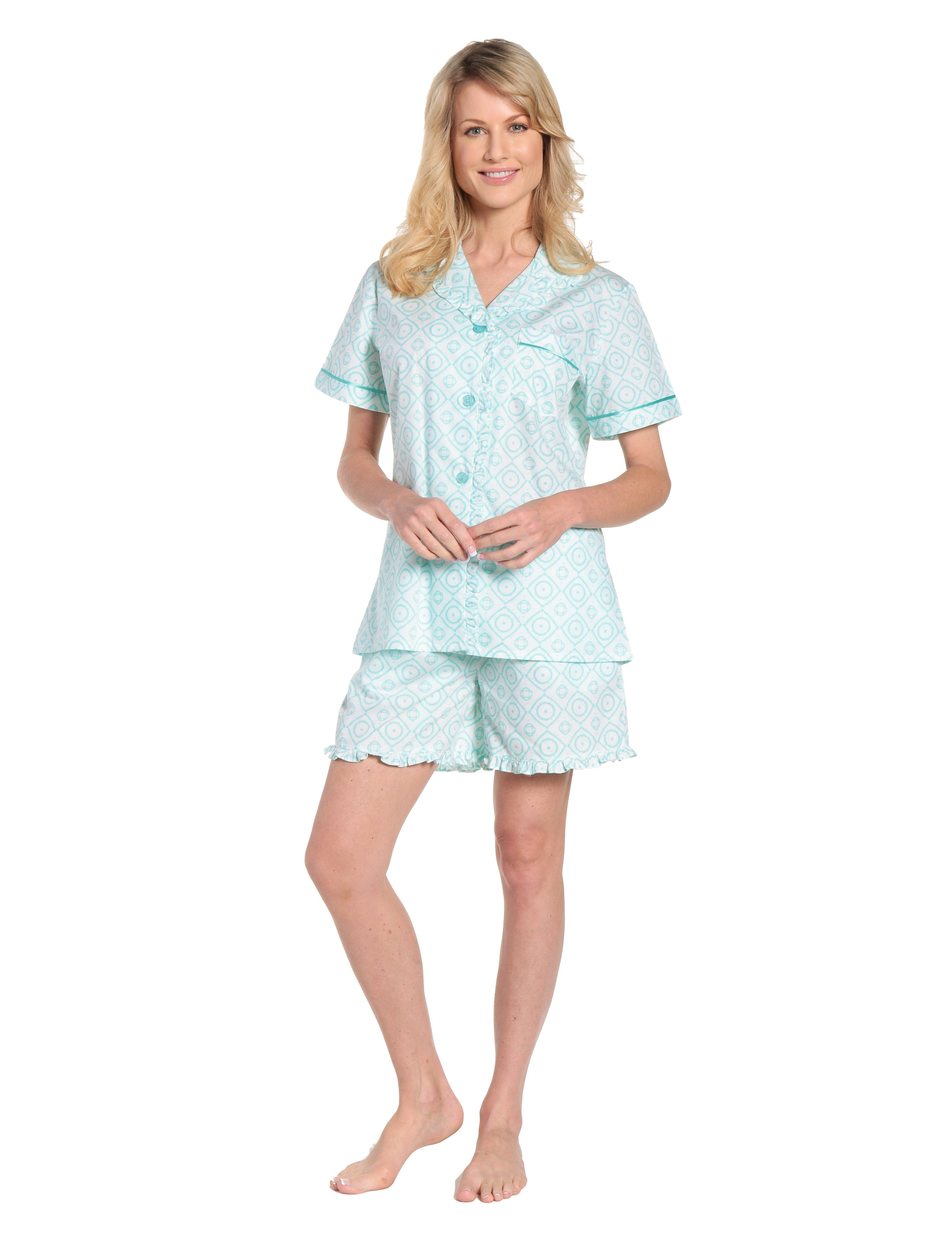 Womens Premium 100% Cotton Poplin Sort Pajama Set with Ruffles – Noble ...