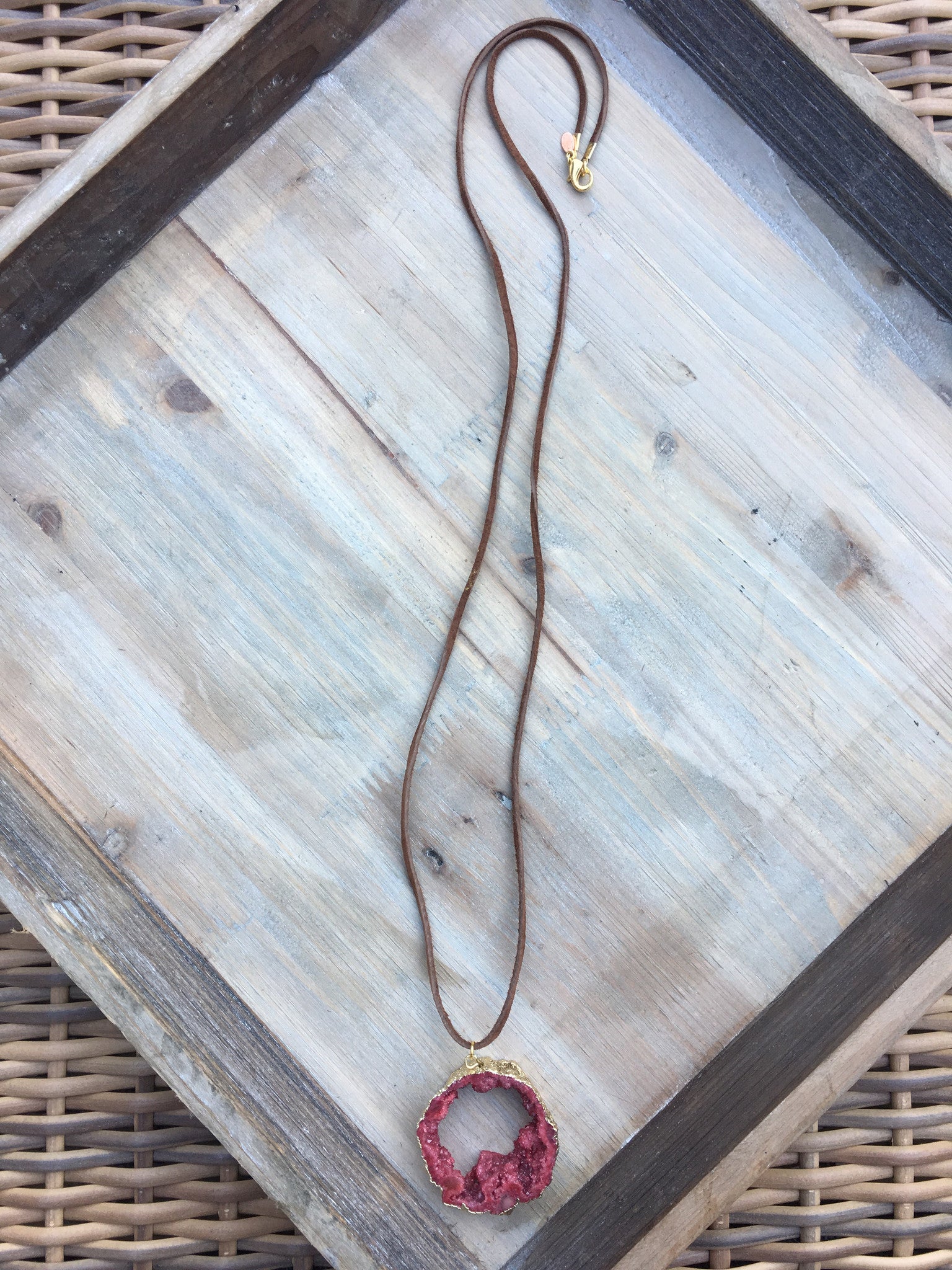 Cherry Druzy and Brown Suede Necklace