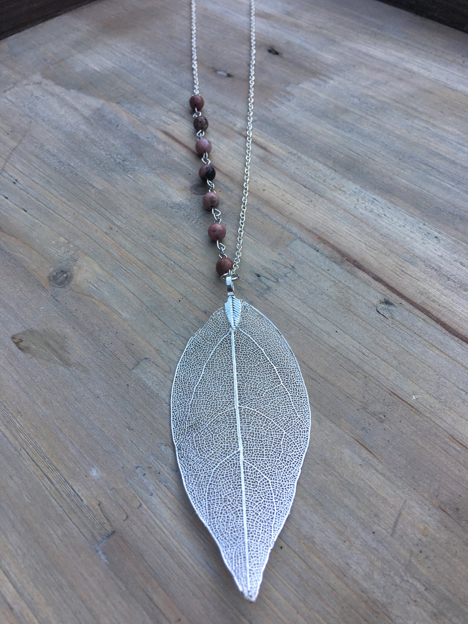 Silver Leaf and Rose Rosary Necklace