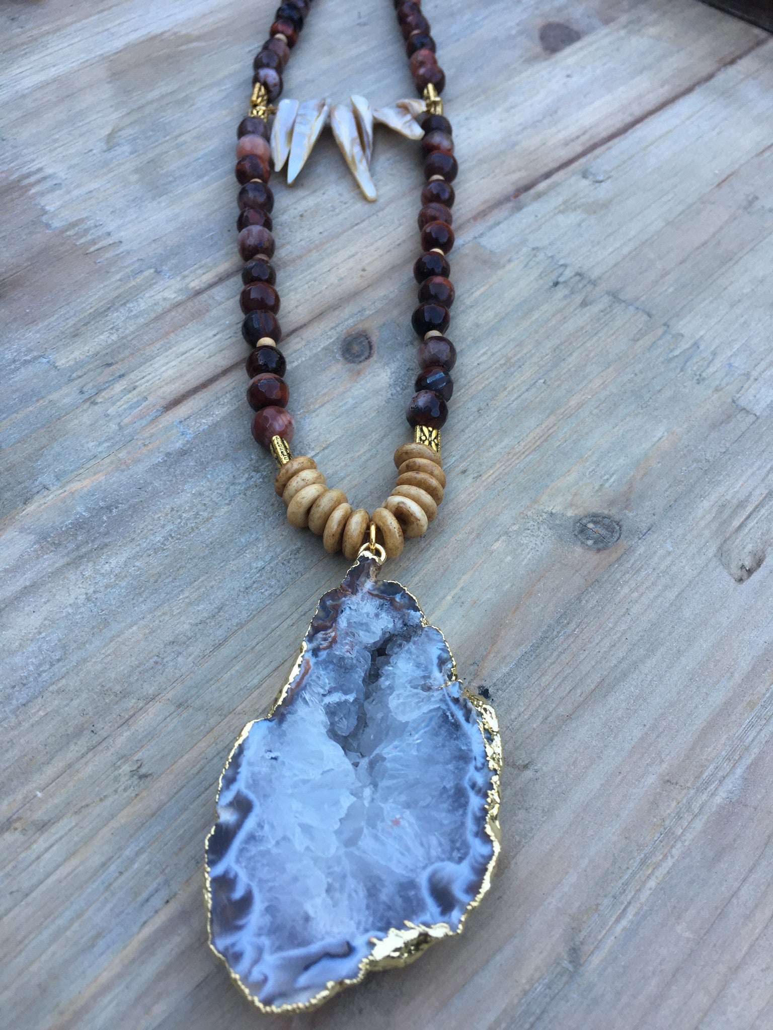 Geode and Red Tiger Leather Necklace