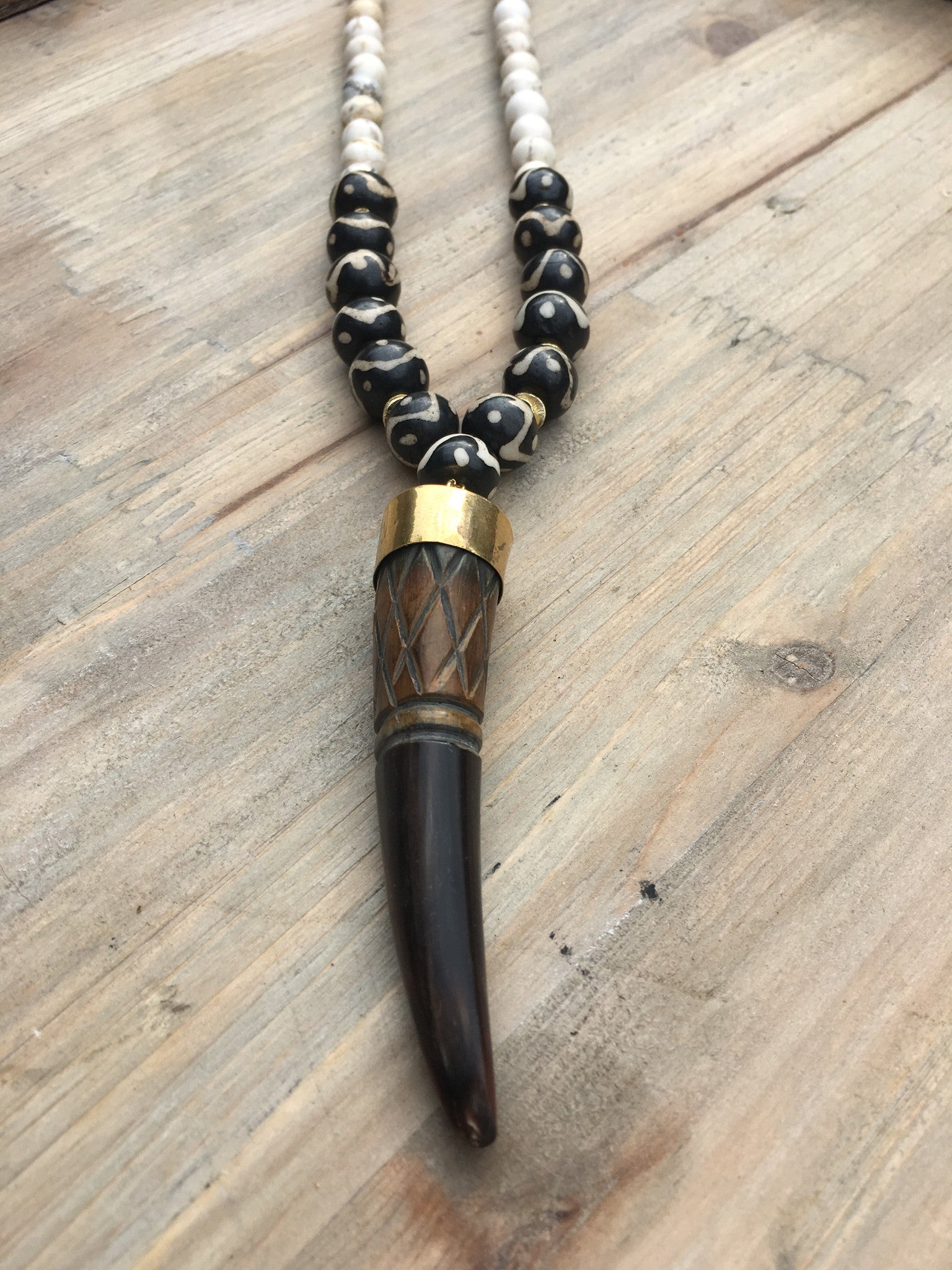 Carved Horn Black Leather Necklace