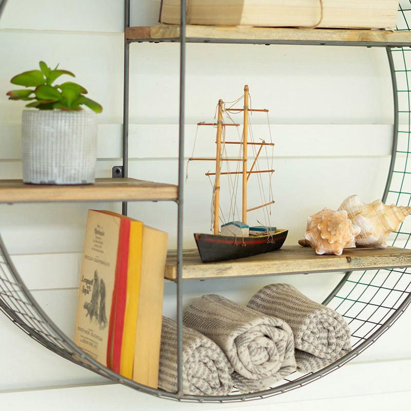 Round Wire Mesh And Recycled Wood Shelving Unit