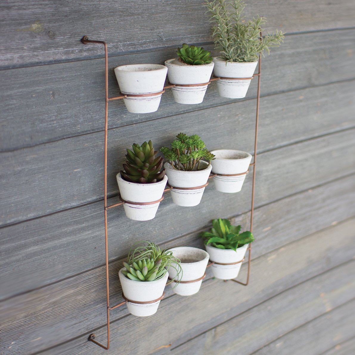 White Wash Clay Pots on Copper Finish Wall Rack (Set of 9)
