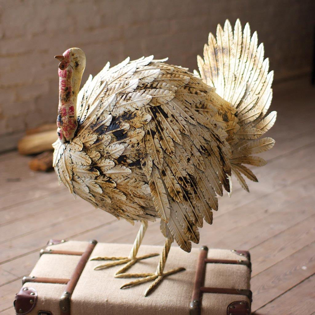 White Antiqued Distressed Metal Turkey