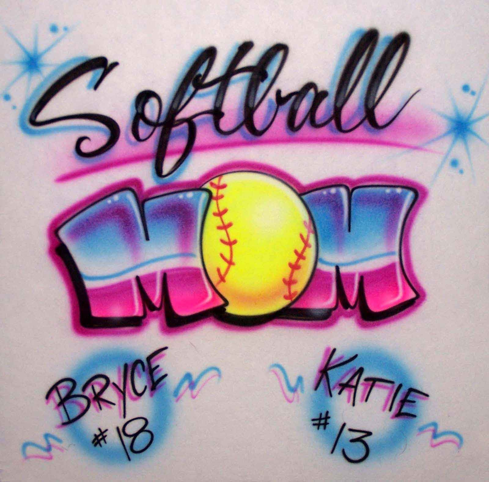  Airbrushed  Softball Mom Shirt Design  with Kids Names s