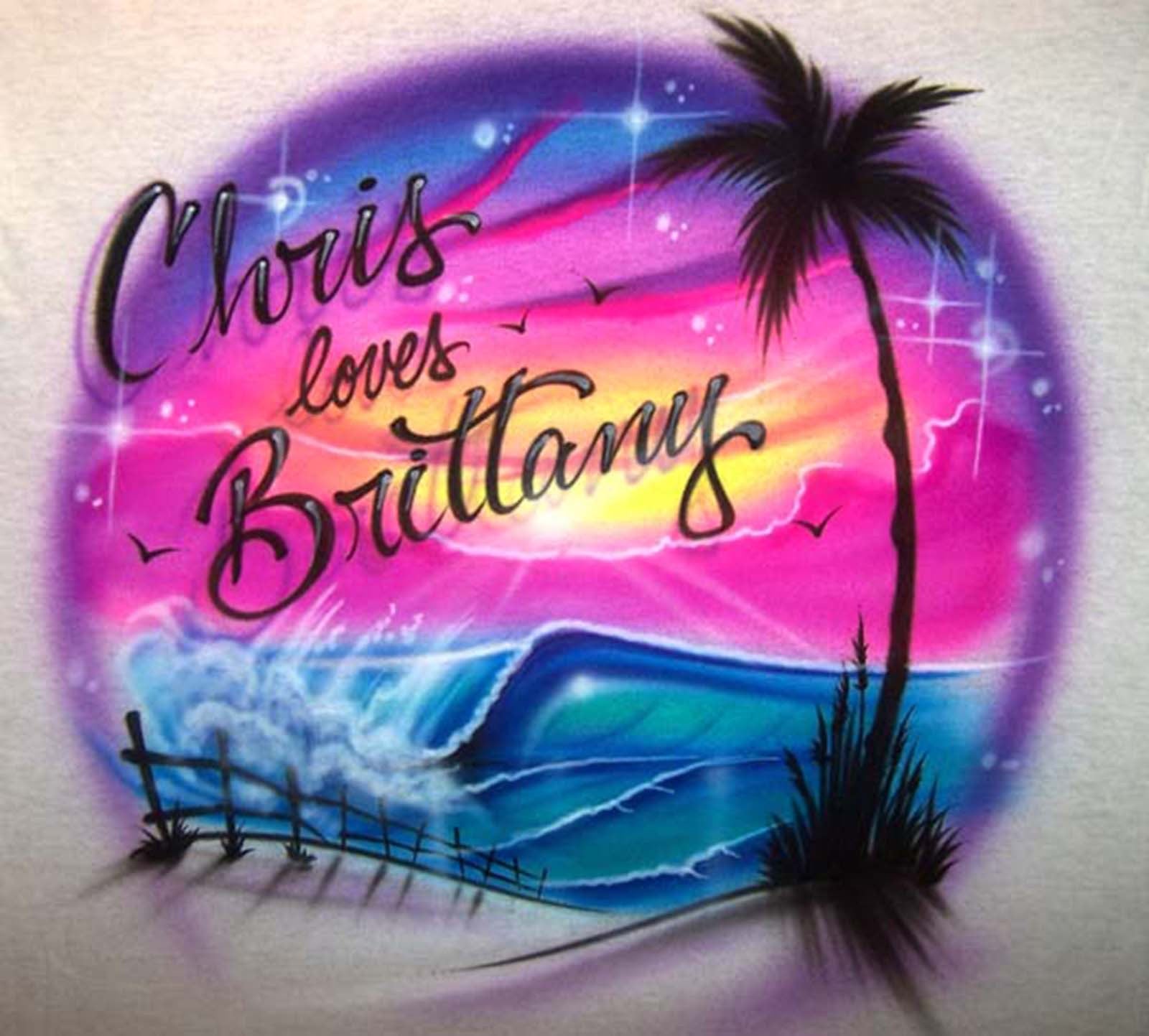  Airbrushed  Bright Beach Scene Wave 1 or 2 Names Couples 