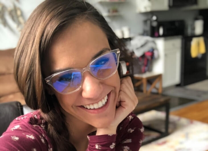 megan wears her Umizato blue blockers while working on devices
