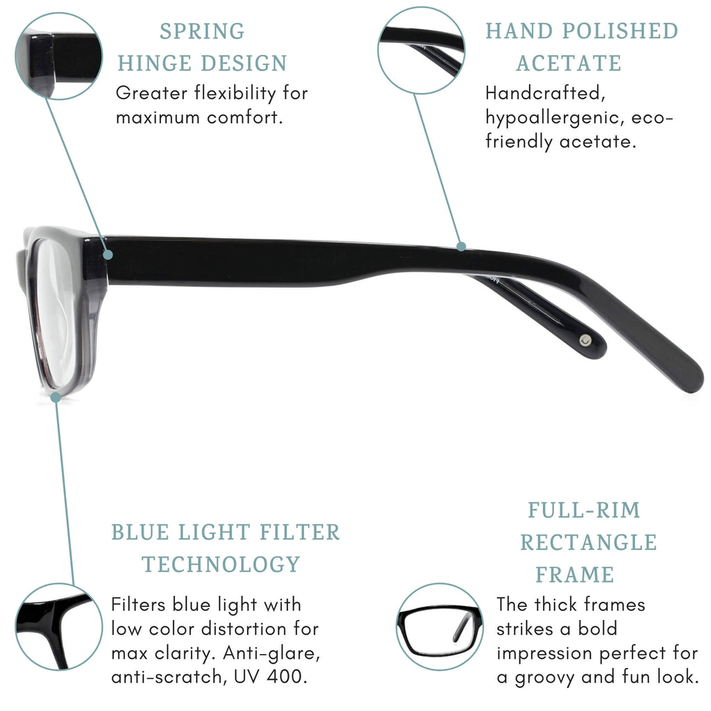 Darwin blue light blocking glasses features infographic.