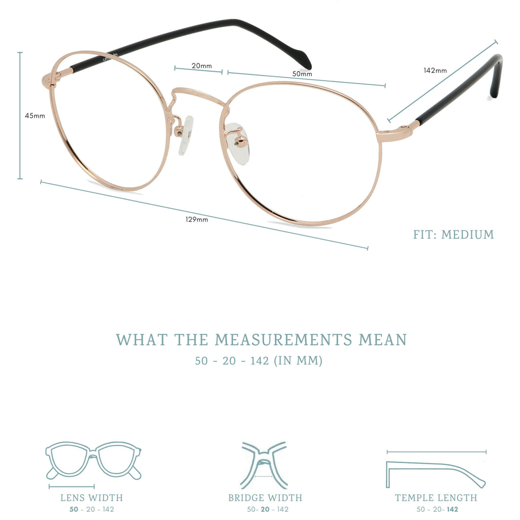 Sumi blue light blocking glasses measurements infographic.