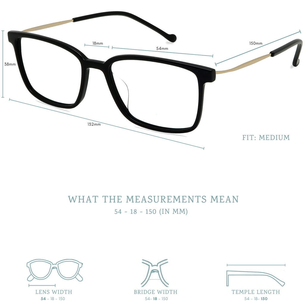 Ken blue light blocking glasses measurements infographic.