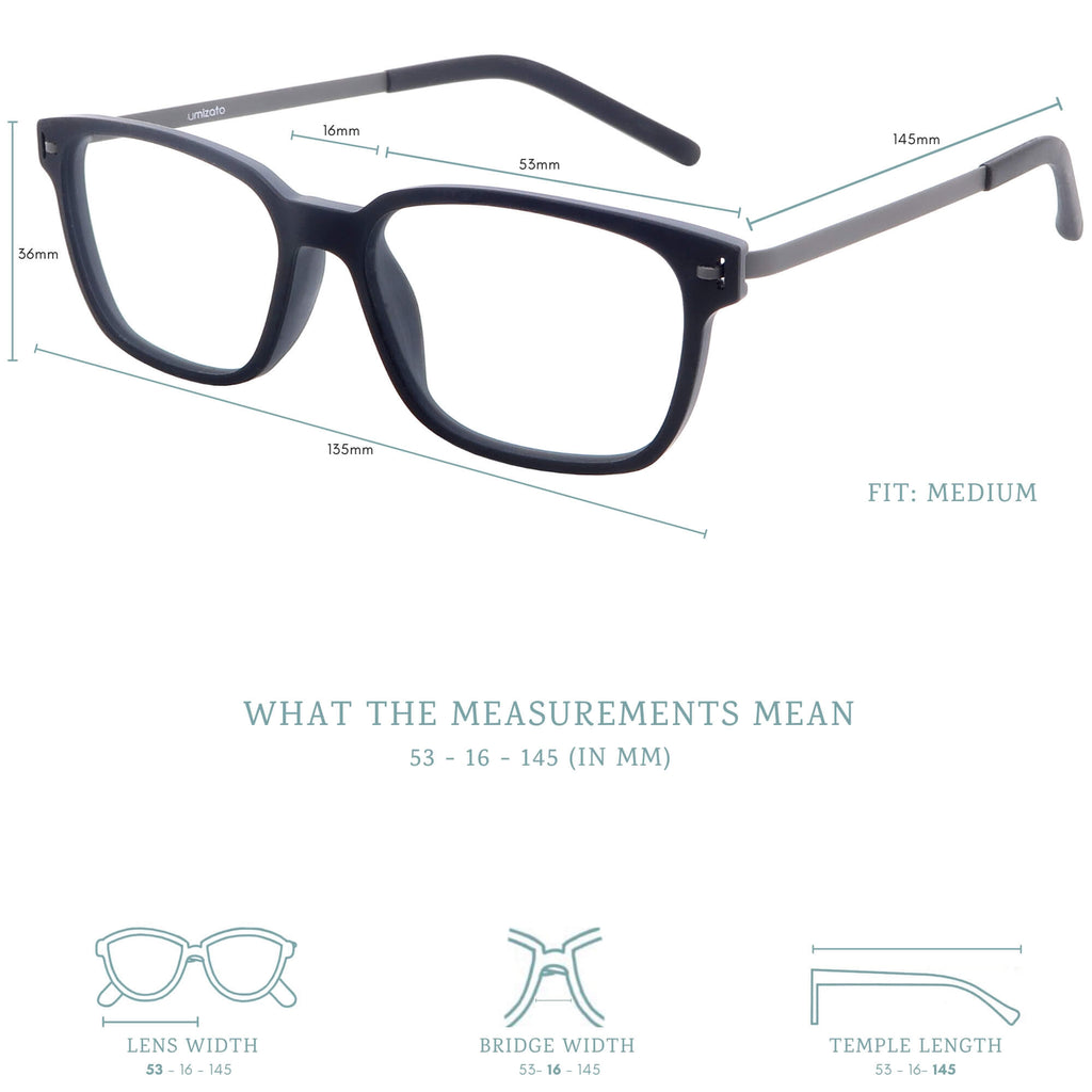 Pictor blue light blocking glasses measurements infographic.