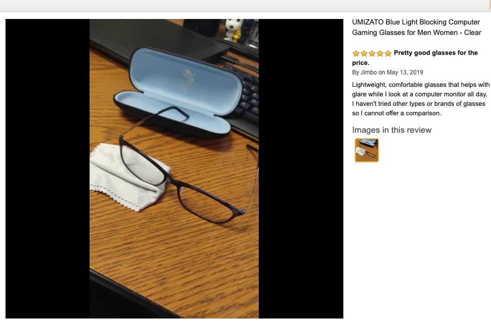 Umizato customer review testimonial bought on amazon blue light blocking and filtering computer glasses
