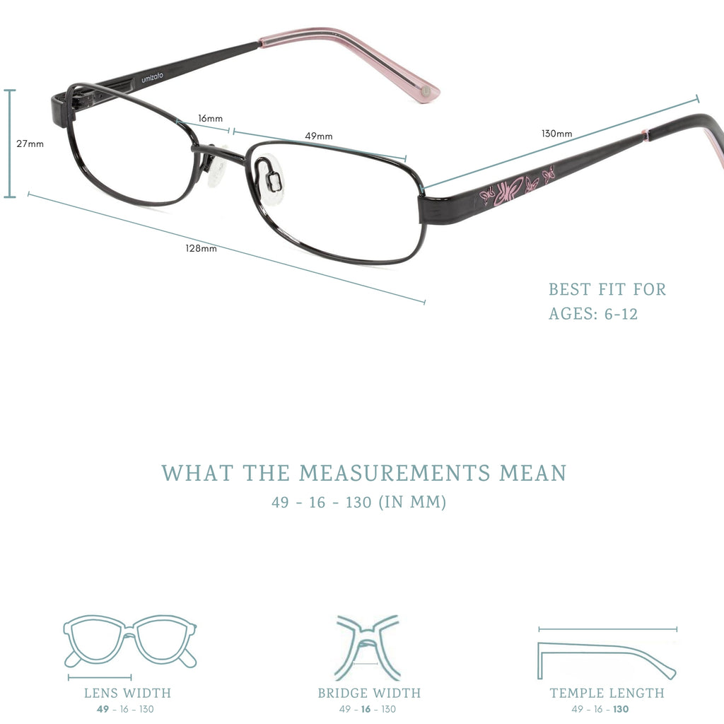 louisa may blue light blocking glasses measurement infographic.