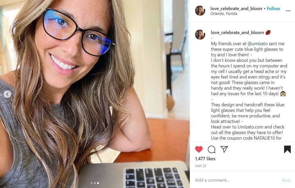 love_celebrate_bloom wears her umizato blue blockers while working from home