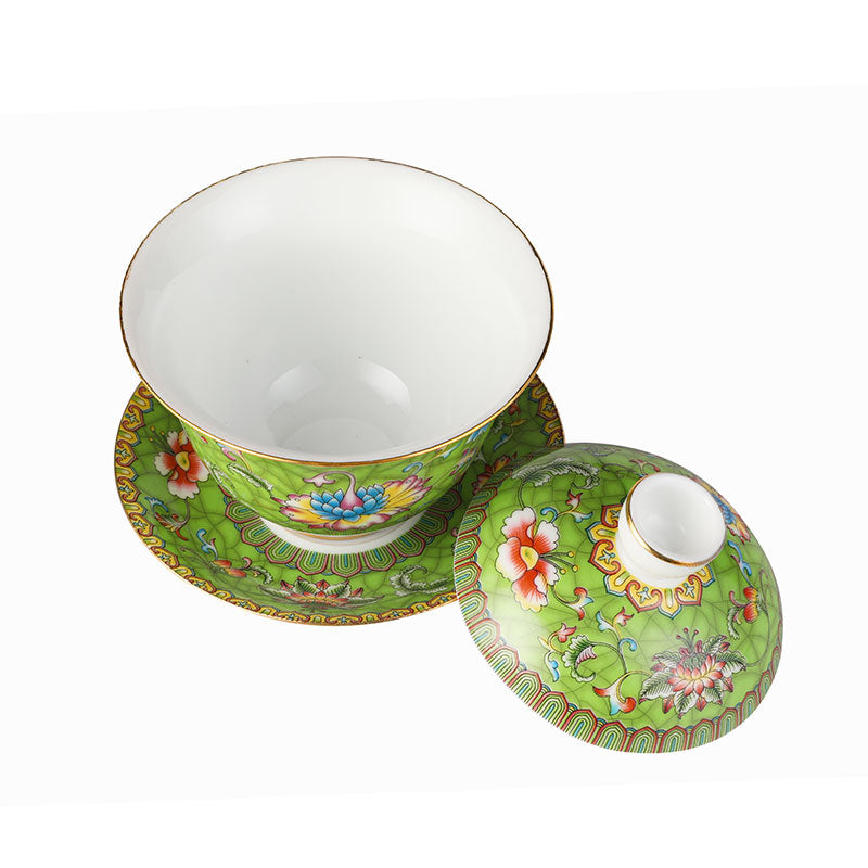 Entwined Lotus Pattern Grass Green Enamel Style Gaiwan 140ml