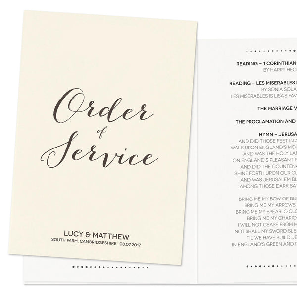 Modern Calligraphy Wedding Order Of Service Booklet