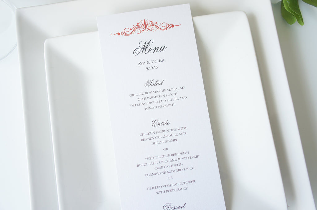 Red Elegant Wedding Menu Cards Deposit Kraftweddingpapers