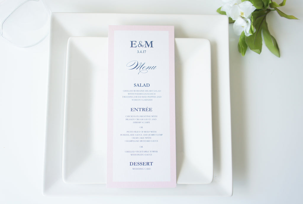 Pink And Navy Wedding Menu Cards Deposit Kraftweddingpapers