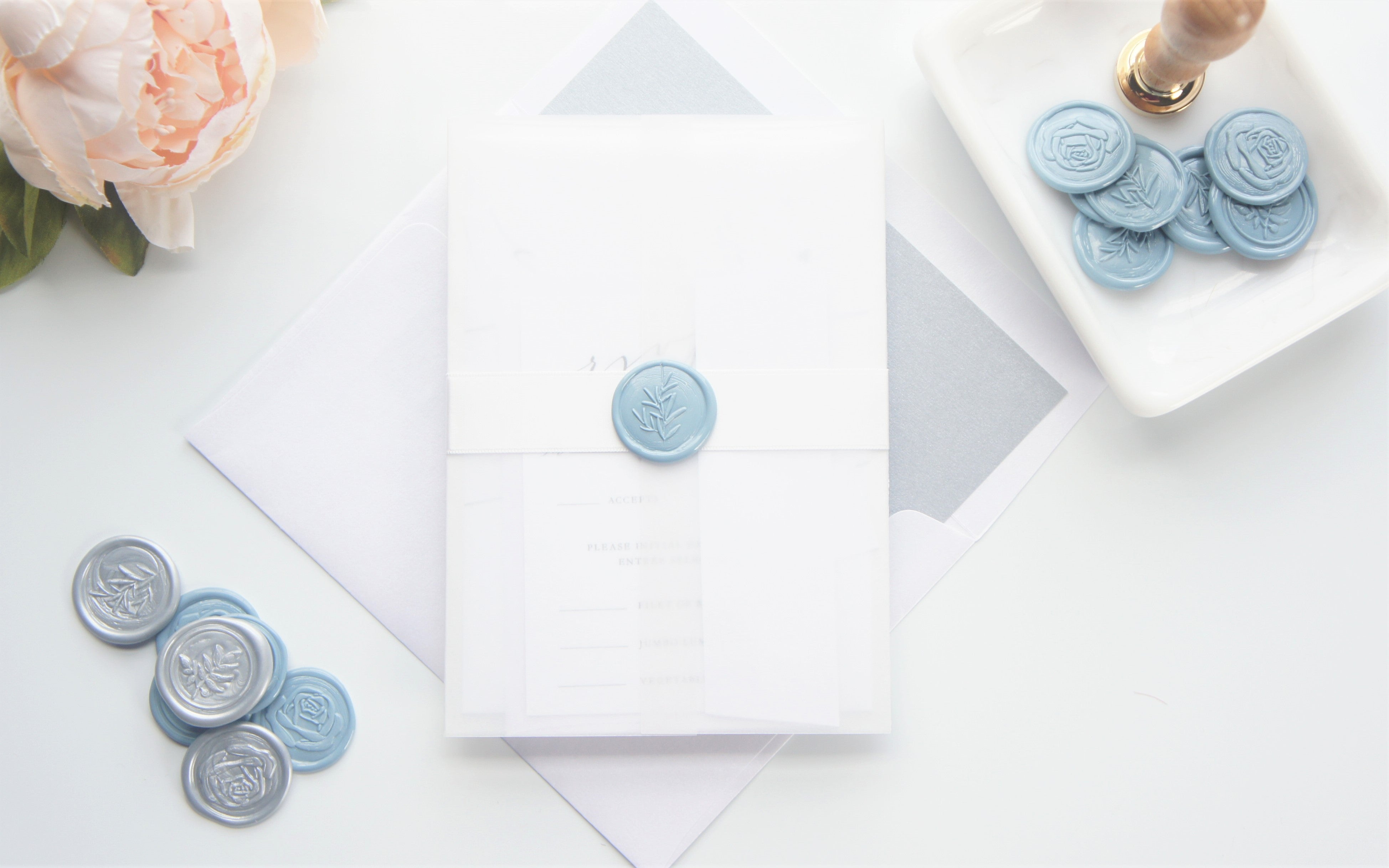 Modern Dusty Blue Vellum and Wax Seal Wedding Invitation - DEPOSIT