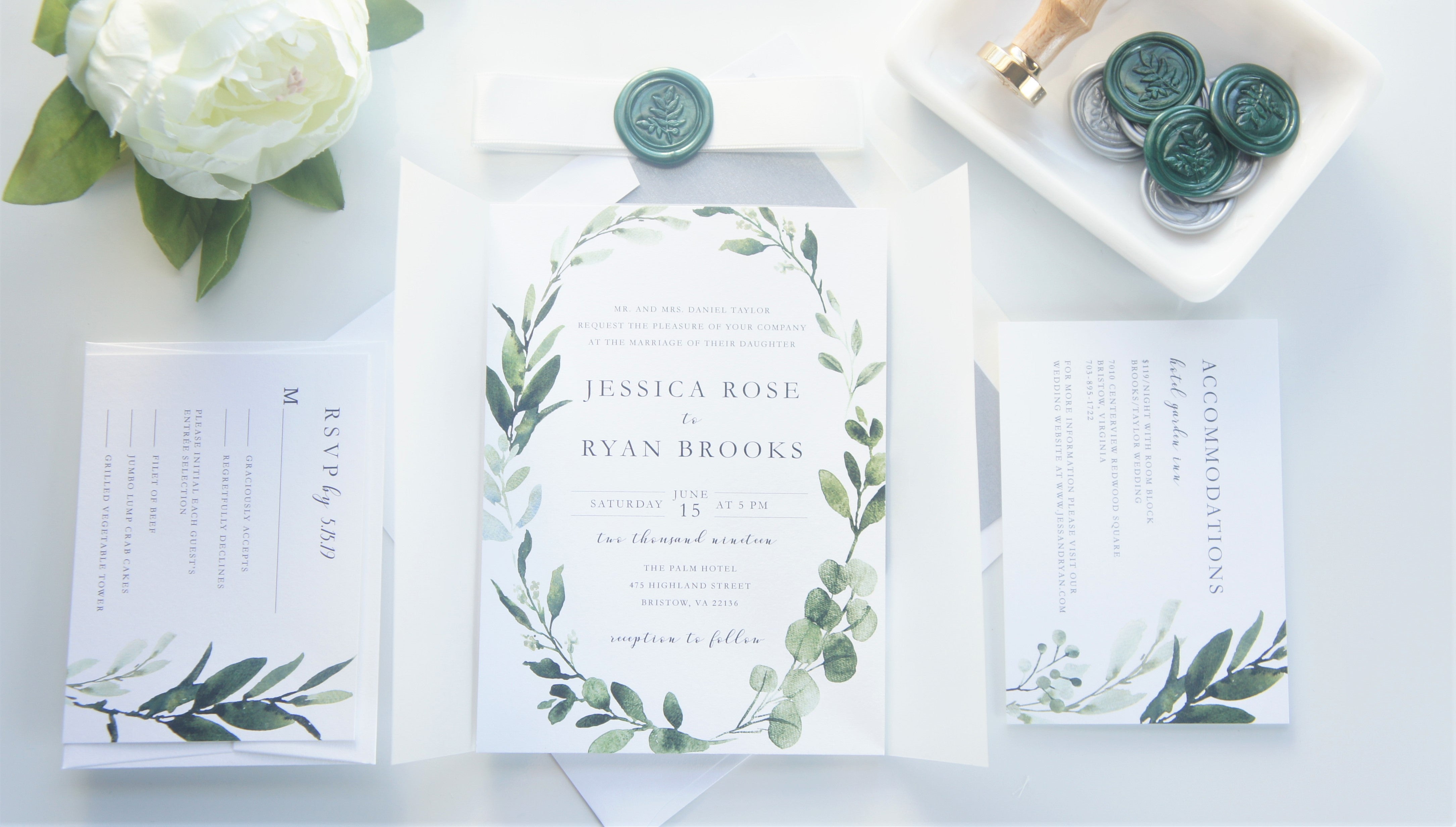 Green and Silver Vellum and Wax Seal Wedding Invitation - SAMPLE