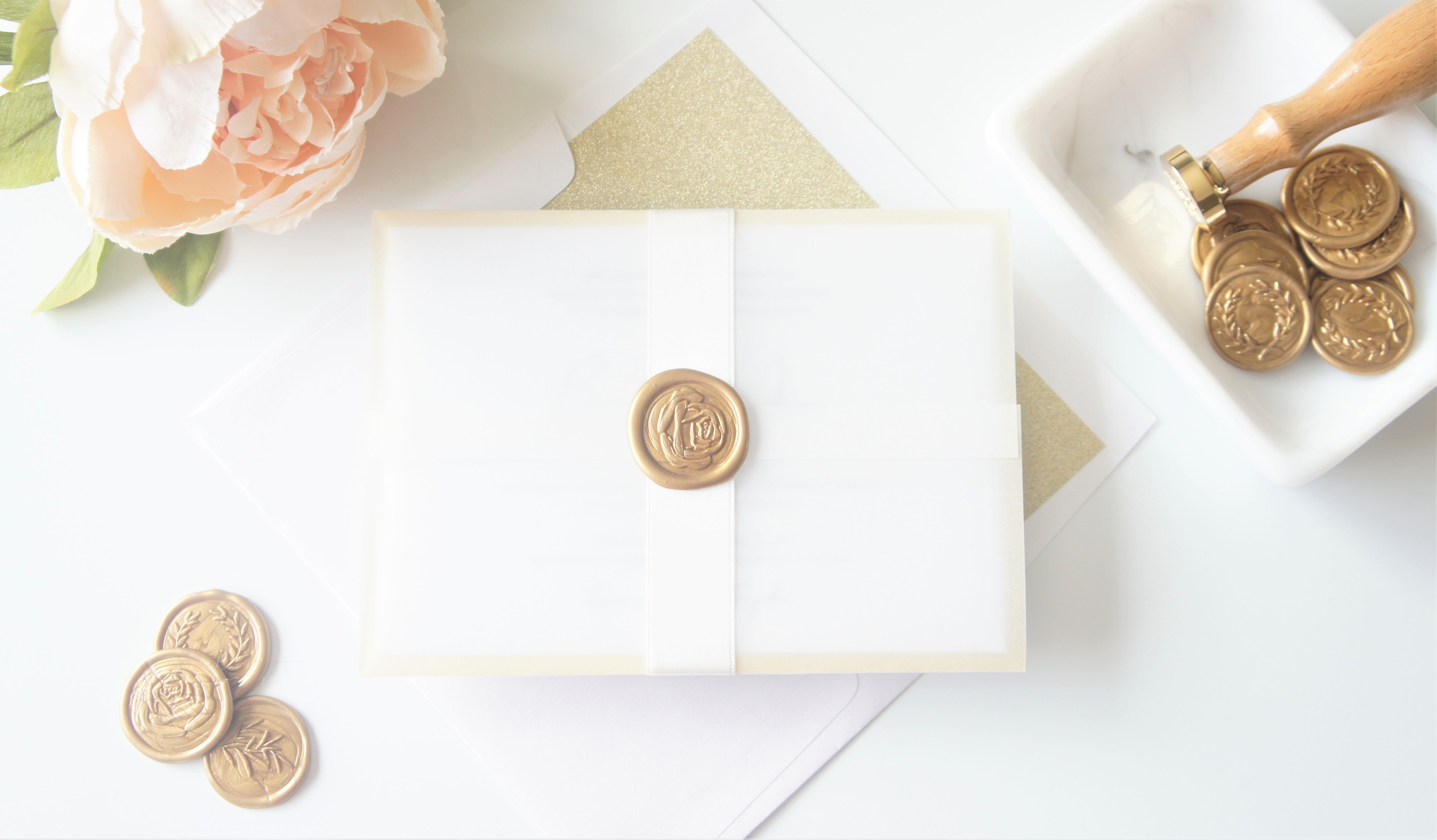 Gold Vellum and Wax Seal Wedding Invitation - DEPOSIT