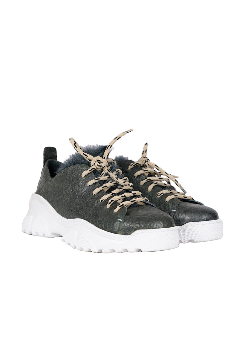 Matte Bovine Granellato Leather Sneaker in Lava