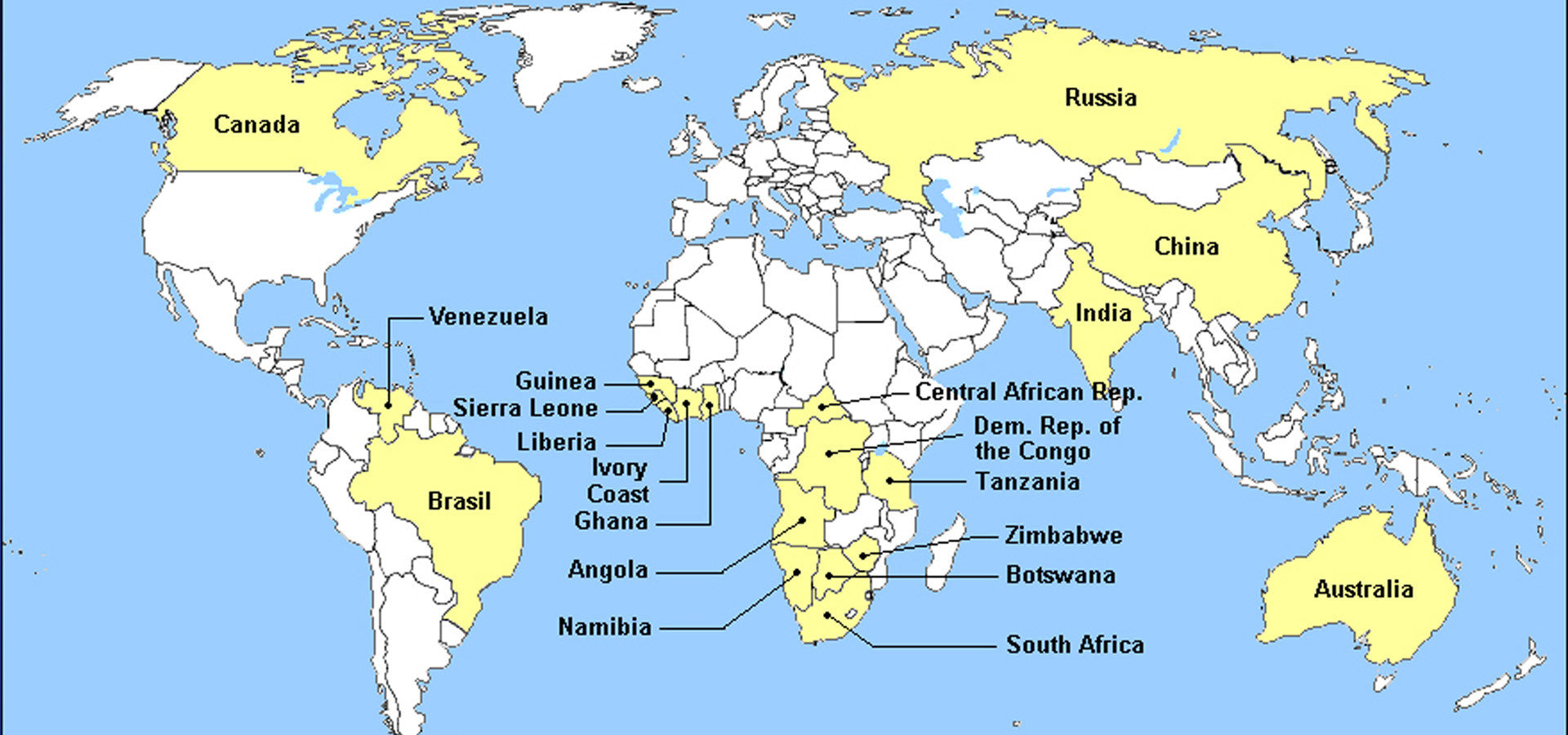 globe of diamond mining countries