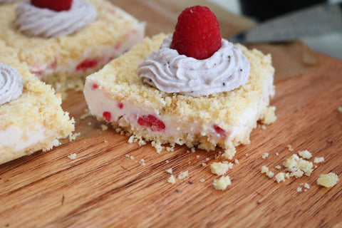 Grey Ghost Bakery No-bake Lemon Berry Cheesecake Bars with Lemon Sugar COokie Crumble Recipe Fourth of July